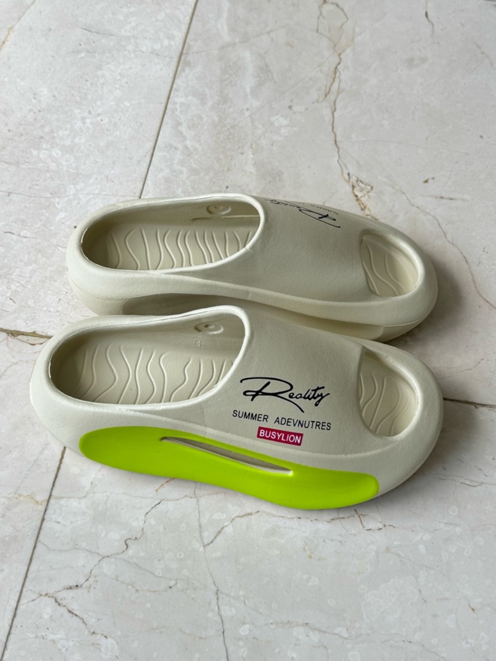 Women’s Slip-On Sandals in Cream with Neon Green Accent